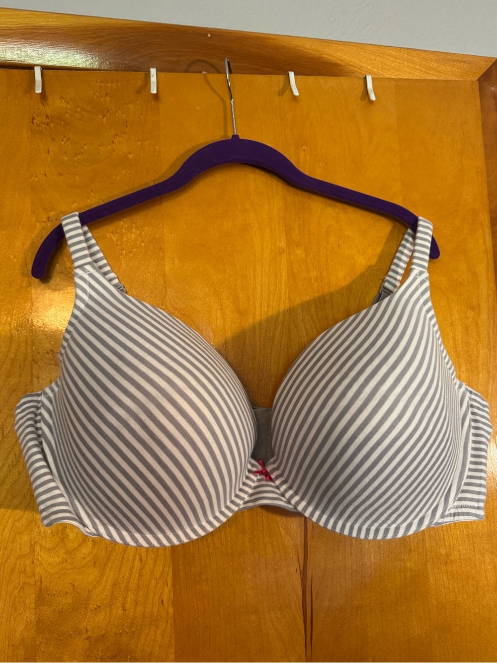 Cacique Gray & White Striped Cotton Boost Plunge Bra.